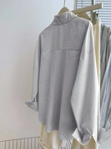 INAWLY 大码休闲通勤条纹长袖衬衫 - 灰色 - 查看 2