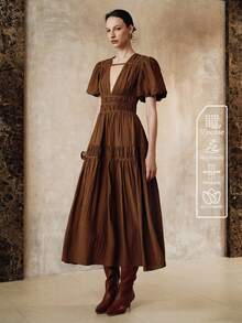 Arave Women's Coffee Brown Viscose Textured Deep V-Neck Puff Short Sleeves Elegant Date Long Dress,Summer Holiday Tea Party Holiday Elegant Fall Clothes - Brown - View 7