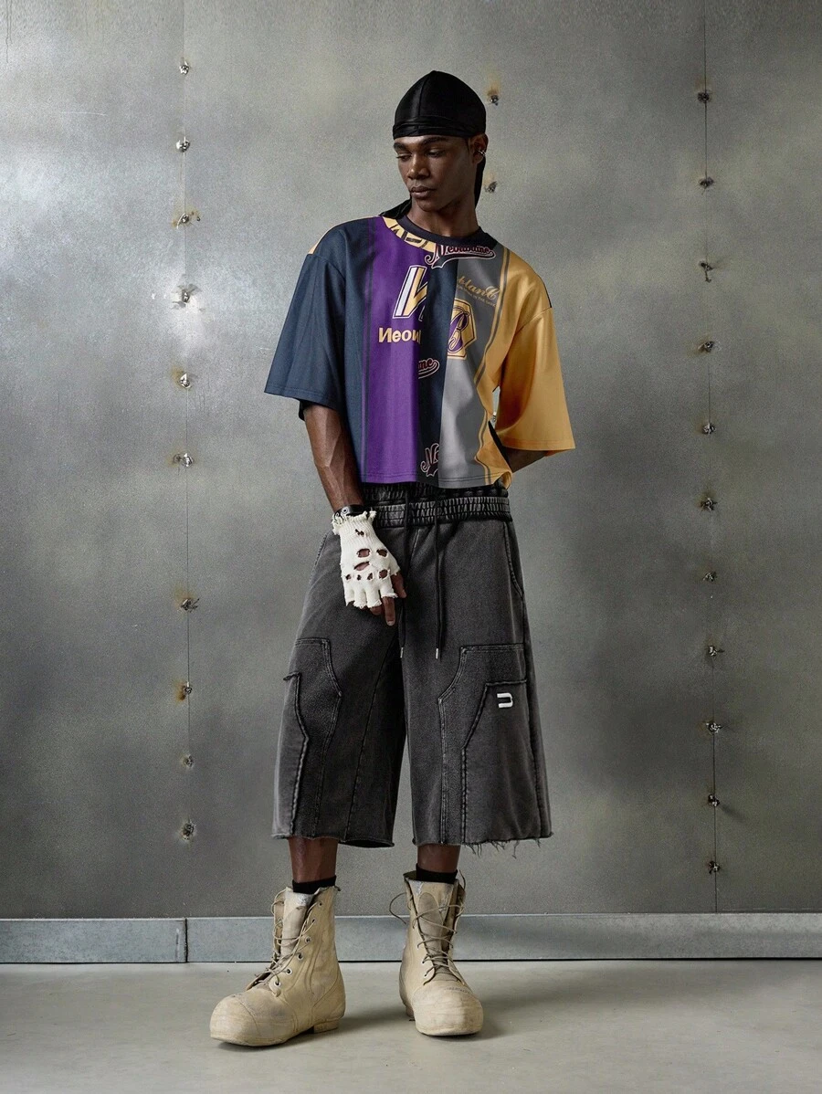 NEON BLANC Men's Fashion Street Embroidered Wide Leg Shorts - Black - View 1