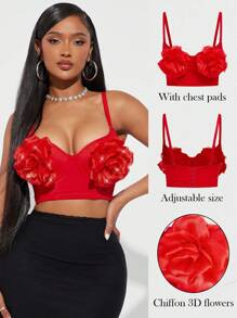 Radiana Red Floral 3D Decor Camisole Top With Adjustable Straps And Cups, Elegant For Vacation, Date, Casual, Street, Nightclub Party