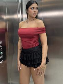 Lucia Bellido 女士夏季纯色勃艮第红色褶皱修身露肩 T 恤上衣 Y2K 服装 - 酒紅色 - 查看 5