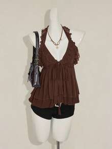 SHEIN ICON Women's Casual Basic Halter Tie Ruffle Hem Double Layer Tank Top Brown Ruffle Top - Brown - View 5