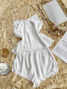 SHEIN Floral Embroidery Lace Patchwork Camisole & Shorts Women Pajama Set - White - View 1