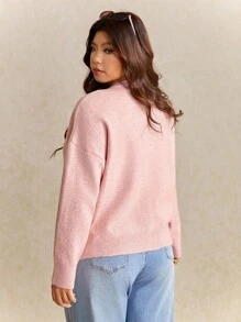 Elaquor Áo len cardigan dáng rộng màu hồng thanh lịch tối giản kiểu Pháp cỡ lớn dành cho nữ vào mùa thu/đông - Hồng - Xem 2