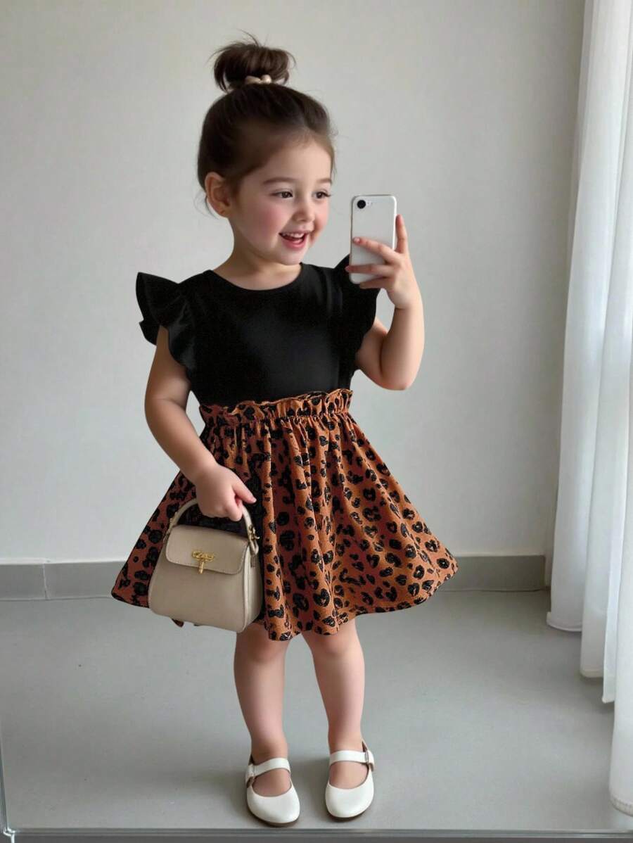 SHEIN Baby Mädchen Leopardenmuster Kleid Mit Flatternden Rüschenärmeln