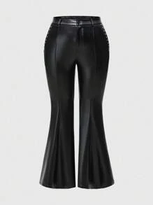 ROMWE Plus Size Women Gothic PU Flare Leg Solid Color Pants - Black - View 1