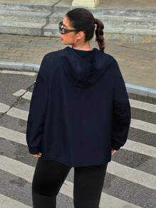 SHEIN EZwear 海军蓝加大码女式落肩长袖拉链连帽夹克 - 藏蓝色 - 查看 2