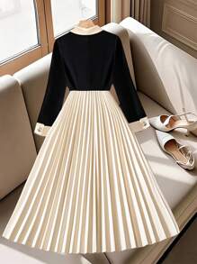 Regalyn Plus Size Elegant Commuter Color Block Pleated Dress Fall Cloth For Women