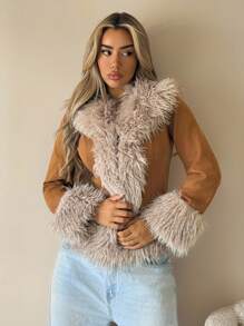 SHEIN ICON Women's Faux Fur & Suede Patchwork Jacket, Western Style, Retro Y2K Sexy, Autumn/Winter