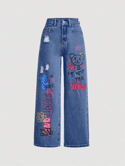 SHEIN 女童卡通熊与字母印花破洞口袋牛仔裤