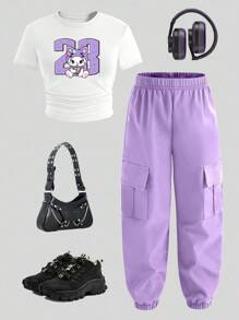 SHEIN 2 件套可爱猫咪数字印花休闲时尚服装，女孩青少年短袖上衣和慢跑裤套装