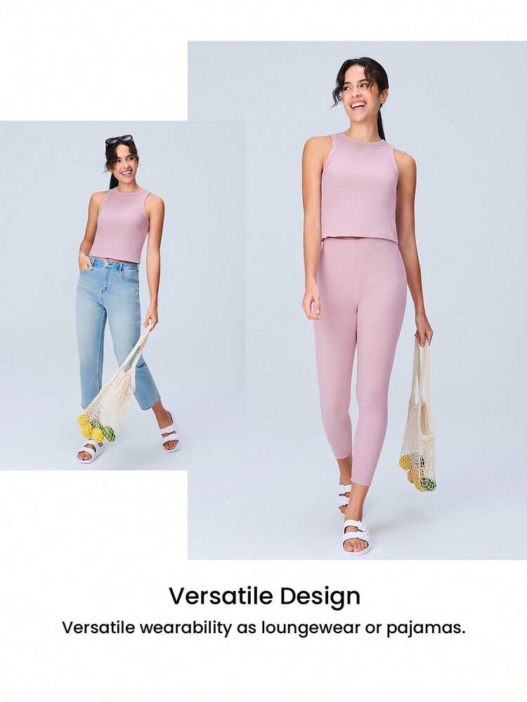 Women Pink Soft Ribbed Cotton Sets Basic Tank Top & Pants Loungewear Pajama Set