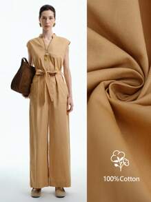 Aalyst Elegancki damski kombinezon do pracy, swobodny, wygodny, uroczy, retro, minimalistyczny, bez rękawów, z dekoltem w serek, luźny, prosty, z szerokimi nogawkami, duża kieszeń, pasek w pasie, jednolity kolor