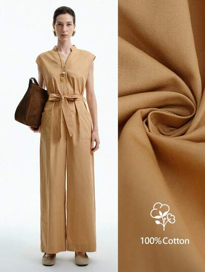 Aalyst Elegancki damski kombinezon do pracy, swobodny, wygodny, uroczy, retro, minimalistyczny, bez rękawów, z dekoltem w serek, luźny, prosty, z szerokimi nogawkami, duża kieszeń, pasek w pasie, jednolity kolor