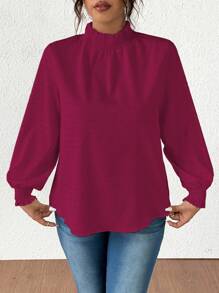 Vionelle 大码纯色按扣领休闲长袖纹理衬衫泡泡袖衬衫优雅白色女式衬衫白色 - 酒紅色 - 查看 6