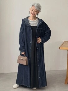 FRIFUL 女式休闲街头风格纽扣连帽直筒牛仔连衣裙