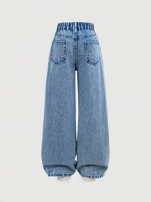 SHEIN Y2K 垃圾朋克女童宽松破洞星星拼色撞色阔腿男友牛仔裤，校园风，街头潮流 - 淺藍色 - 查看 2