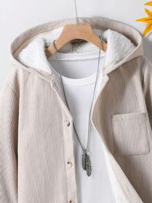 SHEIN Jaket Fleece Berkerudung Corduroy Kasual Dasar untuk Anak Laki-Laki Remaja, Modis untuk Musim Gugur/Musim Dingin - Khaki - View 5