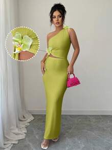 Elenzga Women's Elegant 3D Floral Decor One-Shoulder Top And Skirt 2 Pieces Set, Summer