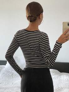 Livesso Ladies Black Striped Crew Neck Casual T-Shirt Long Sleeve Women Tops - Black - View 8