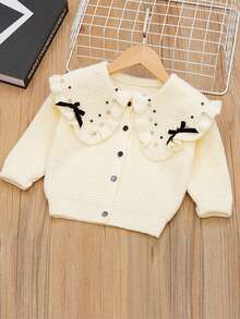 Cardigan a contrasto bianco e nero carino per ragazze, cardigan lavorato a maglia con collo rotondo, maniche lunghe, grandi risvolti, texture a volant e decorazione con fiocco, cardigan in maglia caldo e confortevole - Bianco - Visualizzare 4