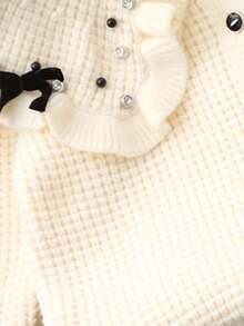 Cardigan a contrasto bianco e nero carino per ragazze, cardigan lavorato a maglia con collo rotondo, maniche lunghe, grandi risvolti, texture a volant e decorazione con fiocco, cardigan in maglia caldo e confortevole - Bianco - Visualizzare 8