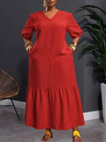 Slaydiva 2025 Bộ trang phục dự tiệc/nghỉ trưa phong cách miền Tây cổ điển cỡ lớn dành cho nữ, Lễ hội âm nhạc/Câu lạc bộ/Chuyến đi đường dài/Kỳ nghỉ/Thường ngày/Du lịch thành phố/Lễ tốt nghiệp, Váy dự tiệc thanh lịch dành cho nữ, Váy maxi dài tay chữ V bèo nhún cổ chữ V bằng vải gingham màu vàng họa tiết rộng rãi - Đỏ - Xem 1