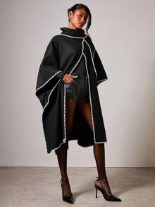 COSMINA 秋冬女装时尚街头撞色绑带蝙蝠袖宽松长款夹克 - 黑色 - 查看 1