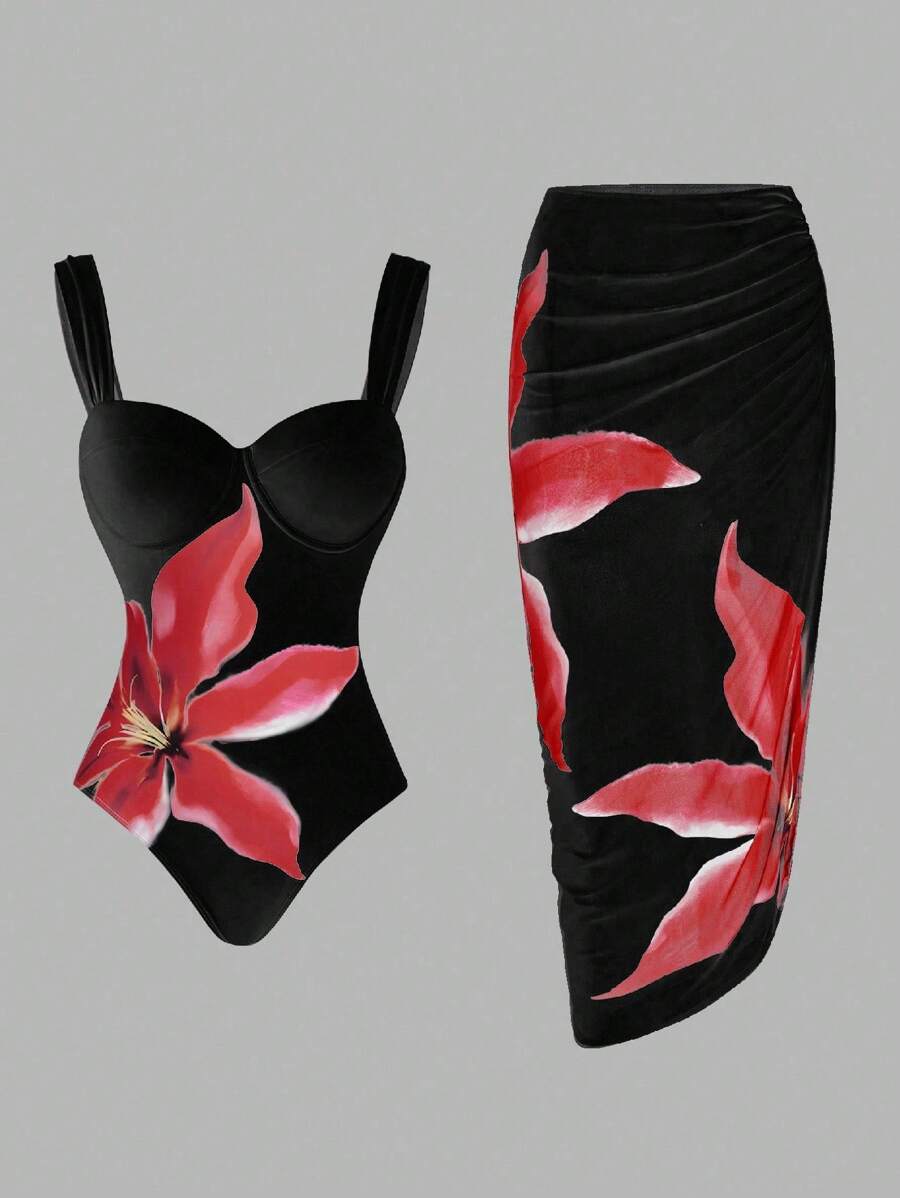 Swim Oasis 女式花卉印花假日时尚细肩带连体泳衣搭配垂褶罩衫和荷叶边裙子套装夏季 - 黑色 - 查看 1