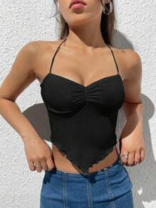 SHEIN EZwear 褶饰胸围生菜边头巾下摆系带露背吊带黑色上衣 - 黑色 - 查看 1