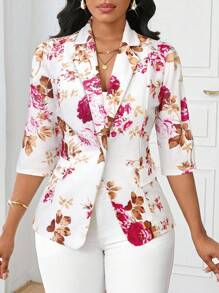 SHEIN Lady Áo khoác vest mỏng nữ mới 2025 phù hợp cho mọi mùa, áo khoác blazer nữ công sở thường ngày họa tiết hoa vào mùa thu/đông - Nhiều màu - Xem 4