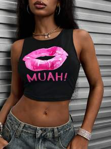 INAWLY Áo ba lỗ in hình môi ngắn thời trang cho mùa hè Áo phông họa tiết cho nữ - màu đen - Xem 1