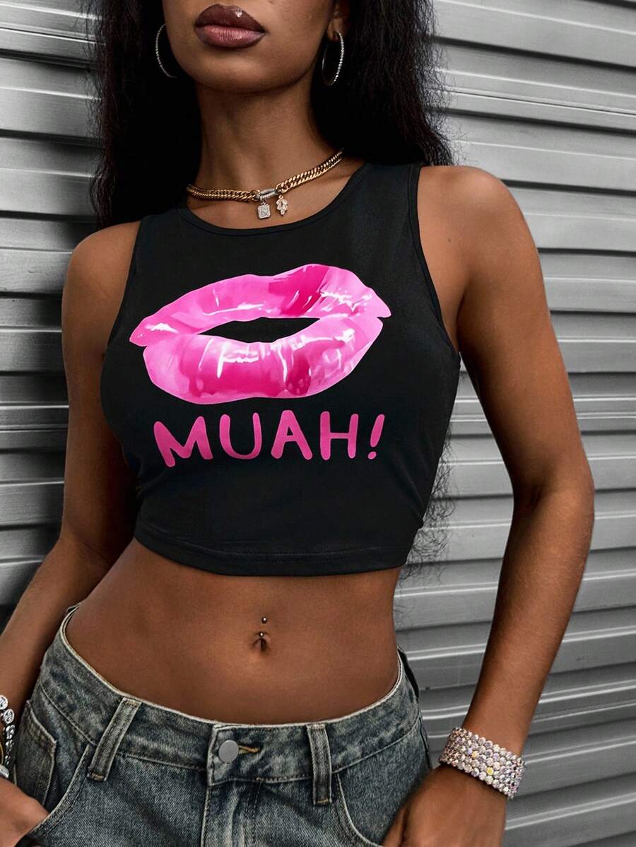 INAWLY Áo ba lỗ in hình môi ngắn thời trang cho mùa hè Áo phông họa tiết cho nữ - màu đen - Xem 1