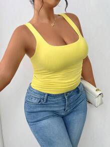 SHEIN PETITE Camiseta de tirantes amarilla de talla grande para mujer con cuello cuadrado y plisados, ajustada