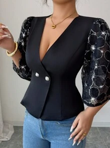 Elenzga Blusa elegante y sexy de escote en V para damas, con borde de volantes tejidos y parches bordados, adecuada para fiestas, té de la tarde, Halloween - Negro - Ver 5