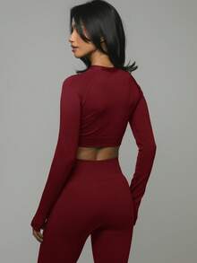 Musera Sport 标语“运动”短款修身长袖上衣，适合板式网球、网球、匹克球等冬季运动。 - 酒紅色 - 查看 3