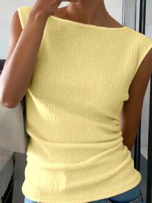 INAWLY 全新纹理露肩修身盖袖时尚女式衬衫 - 黃色 - 查看 3
