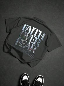 Manfinity Roghcode Áo sơ mi nam tay ngắn in khẩu hiệu thường ngày, mùa hè - Màu xám đen - Xem 1