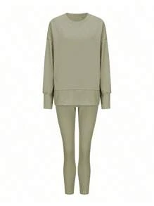 INAWLY 2 件套女士休闲宽松侧开衩连帽衫和紧身裤 - 綠色 - 查看 4