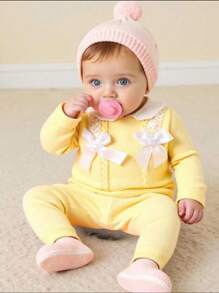 Souflis Souflis Baby Girl Collared Bow Decor Long Sleeve Top And Pants Set, Casual Resort Wear, Newborn Baby Girl Outfit Yellow, Knitted Baby Girl Clothes, Baby Girl Yellow Sweater Outfit, Lemon Yellow Baby Outfit, Baby Girl Going Home Outfit Winter