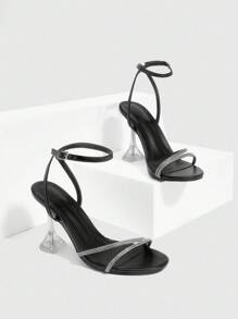 CUCCOO SZL Women's Silver Metallic Bowknot Fashionable Sexy Ankle Strap Round Toe Glass Heel High Heel Sandals - Black - View 2