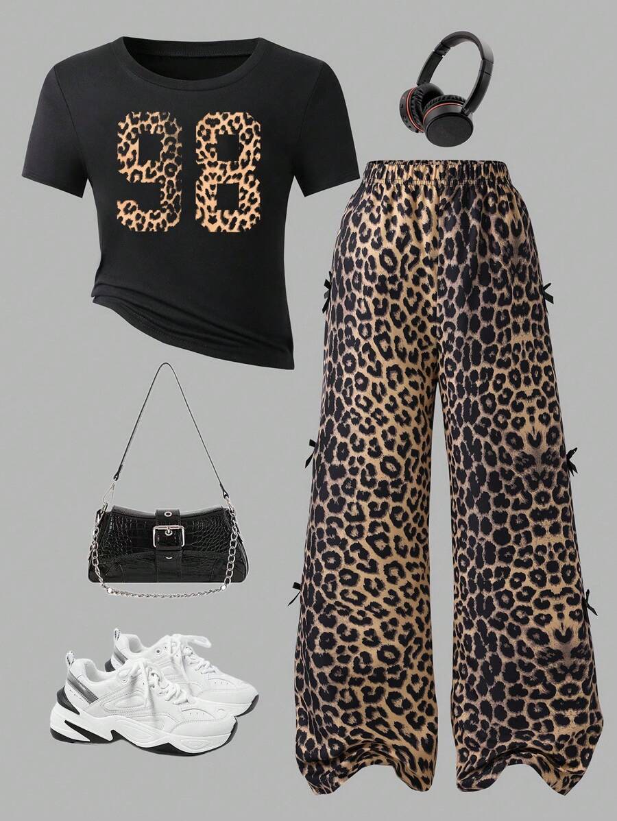 Tween Girls Leopard Print Bow Letter Graphic Loose Short Sleeve Top And Straight Leg Pants 2 Piece Set - Black - View 1