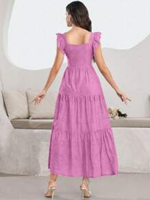 Modelyn 方领无袖荷叶边珍珠纽扣点缀蓝色刺绣连衣裙 - 粉色 - 查看 3