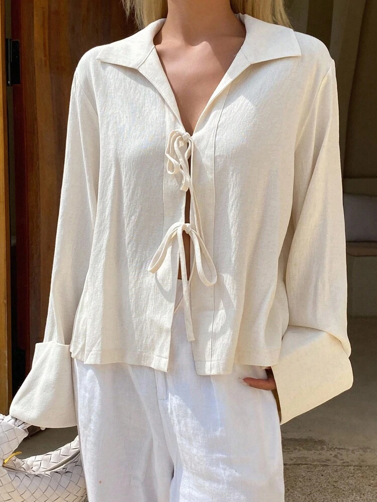 Women's Solid Color Casual Turndown Collar Tie-Up Long Sleeve Lightweight Jacket