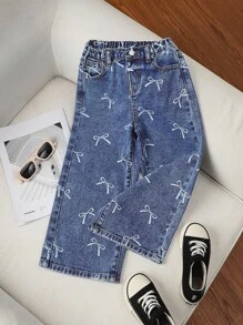SHEIN 年轻女孩 Y2K 休闲蓝色蝴蝶结印花阔腿裤，2000 年代风格，可爱牛仔裤，返校服装，秋季儿童休闲舒适服装 - 淺色水洗藍 - 查看 6