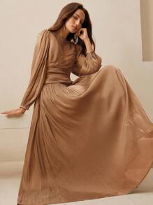 Anewsta Váy dài nữ, cổ tròn, nhún eo, tay bồng, tay dài, màu xanh ô liu, bóng, thanh lịch và đa năng - Màu nâu  Mocha - Xem 4