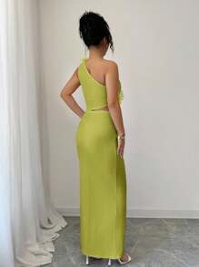 Elenzga Women's Elegant 3D Floral Decor One-Shoulder Top And Skirt 2 Pieces Set, Summer