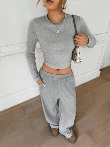 SHEIN 2pcs/Set Teen Girl Casual Solid Color Long Sleeve T-Shirt And Pants Set, Comfortable & Minimalist Fall Winter