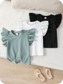SHEIN 3pcs Set Young Girls' Solid Color Round Neck Ruffle Hem Fitted T-Shirts, School, Campus, College