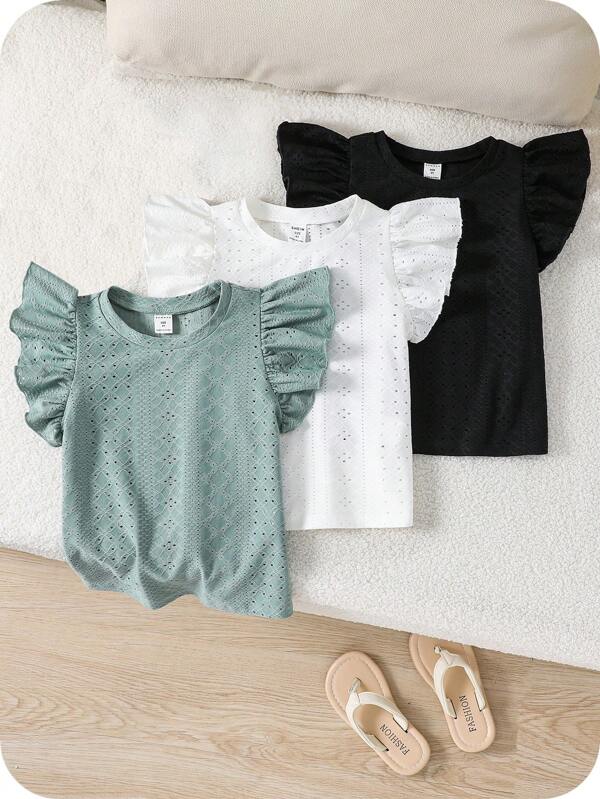 SHEIN Set de 3 camisetas ajustadas con cuello redondo y dobladillo con volantes de unicolor para niñas jóvenes